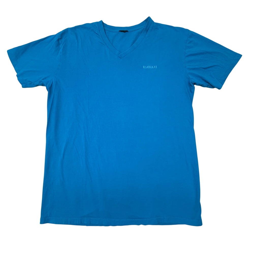 Hawaii Embroidered V-Neck T-Shirt Mens XL Bright Blue Short Sleeve Tee